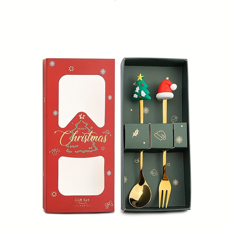 Christmas-themed stainless steel flatware set in festive gift box with decorative handles, perfect for holiday dinners.