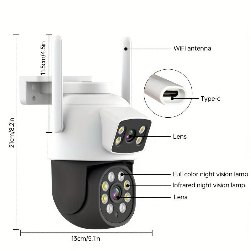 The ZHXINSD 1920P Dual Lens Wireless Security Camera offers impressive features such as 4MP Color Night Vision, Two-Way Audio, Motion Alerts, and IP65 Waterproof rating. Suitable for both indoor and outdoor use, this camera is powered via USB for ease of