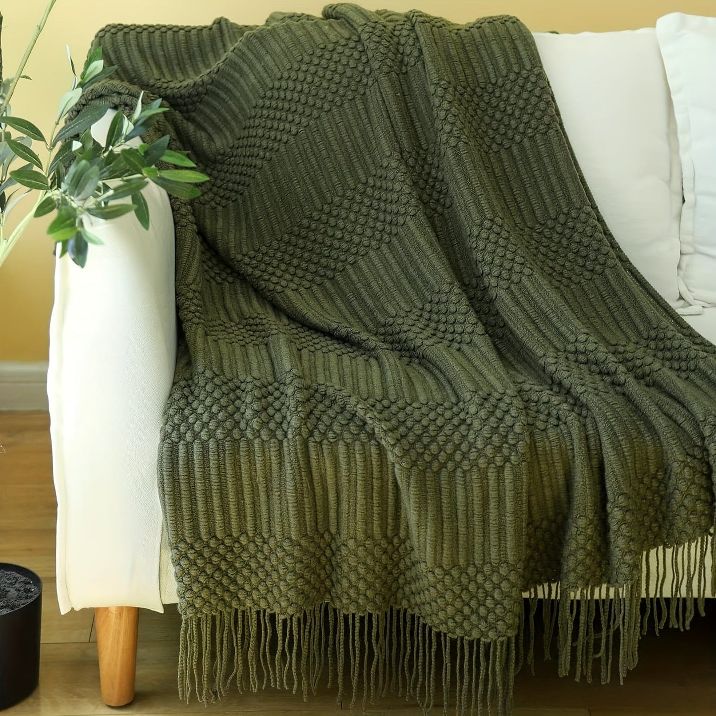 Stay cozy with our Soft Textured Throw Blanket - Stain-Resistant and Versatile for Couch, Bed, Office, and Travel - Easy to Clean and Machine Washable - Green Tan, available in two sizes: 127cm x 152.4cm / 152.4cm x 80"