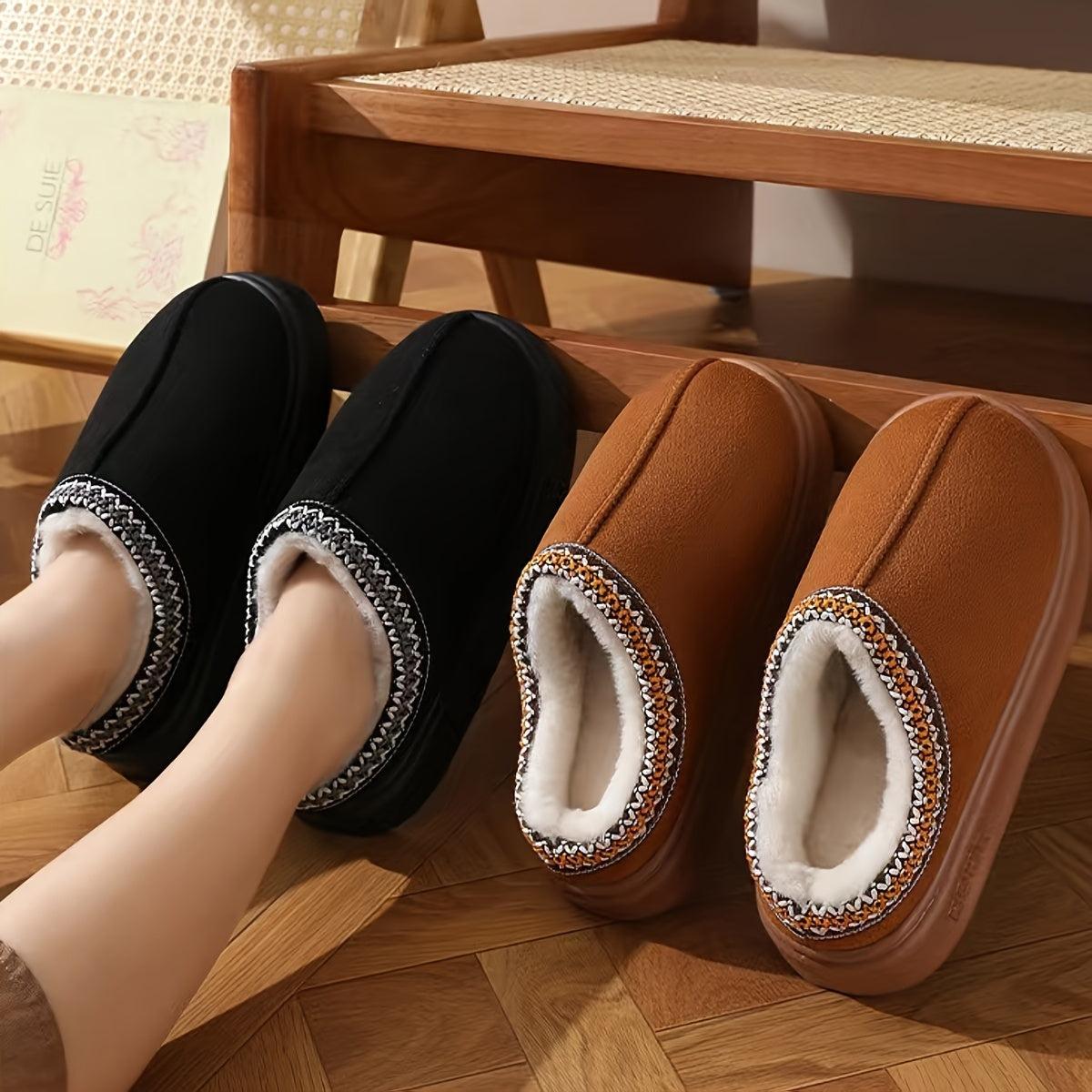 Winter slip-on slippers with cozy fabric, EVA sole, and machine washable design for both men and women.