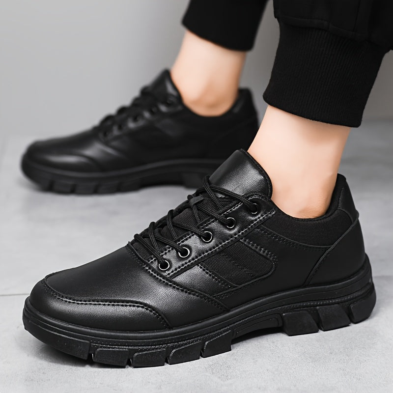 Men's black lace-up casual sneakers with fabric inner, PVC sole, and cloth insole.