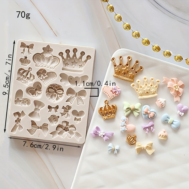 A single piece of the Crown Chocolate Mold, featuring a charming Kawaii design of crowns and bowties. This Silicone Mold can be used for making candies, fondants, and biscuits. Ideal for DIY cake decorating, this versatile baking tool is a must-have in