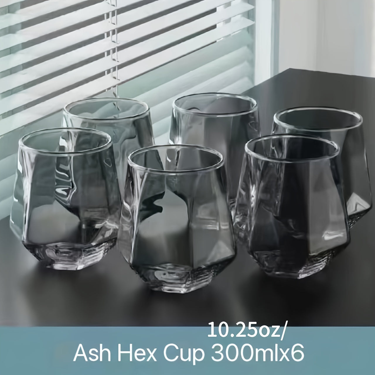 Set of 6 geometric glass cups suitable for water, whisky, juice, milk, tea and more. Perfect for all seasons.