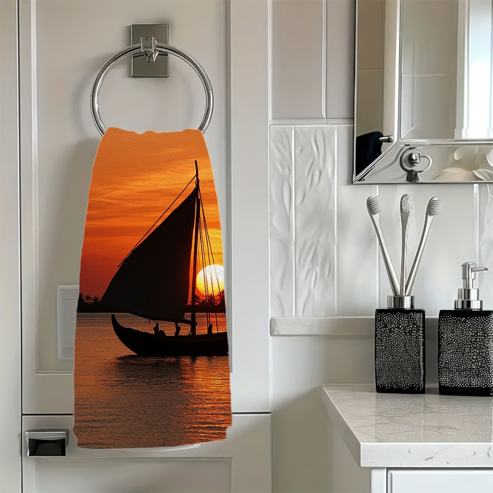 Set of 2 Ultra Soft Kitchen Towels featuring a beautiful Indian Ocean sunset sailboat scene. These towels are highly absorbent and machine washable, measuring 40.64x60.96 cm. Perfect for coastal decor and using as dish towels.