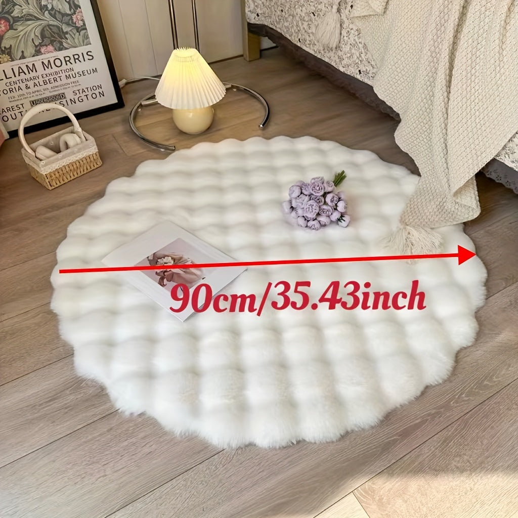 One piece of round fluffy faux rabbit fur rug pad, made of lightweight machine washable polyester with a non-slip polypropylene backing. This low pile solid color accent mat is suitable for the living room or bedroom, and perfect for home decor during