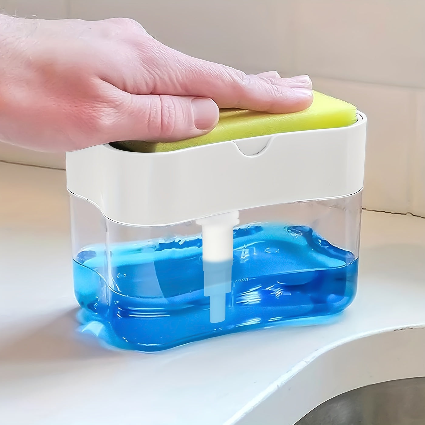 Modern ABS plastic dish soap dispenser with sponge holder, hand wash only, lightweight kitchen sink accessory with space-themed design.