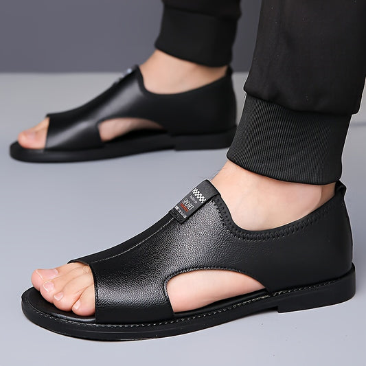 Breathable non-slip black slip-on sandals for men, ideal for summer. Made with synthetic upper and rubber sole. Perfect for casual wear, vacation, and driving.