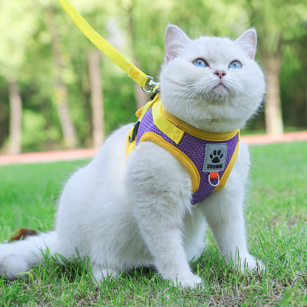 Anti-escape cat harness with reflective and breathable material, adjustable for outgoing and traveling.