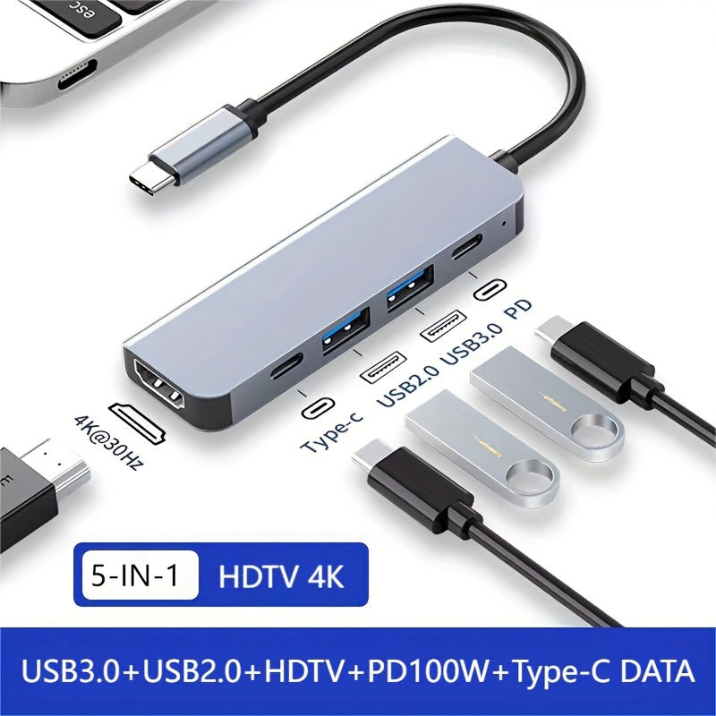 5-in-1 USB C Hub with 4K HDTV, High-Speed USB, 100W PD for enhanced device connectivity, data transfer, and high-definition viewing. Compatible with MacBook, Samsung, HP, and more.