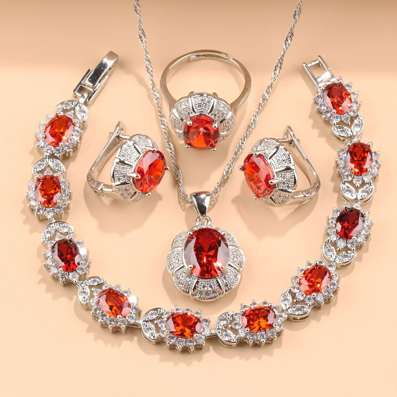 Elevate your look with this stunning 5-piece jewelry set for women. Each piece is beautifully silvery plated and accented with sparkling cubic zirconia for a touch of elegance. This set includes a dainty necklace, earrings, ring, and bracelet, making it