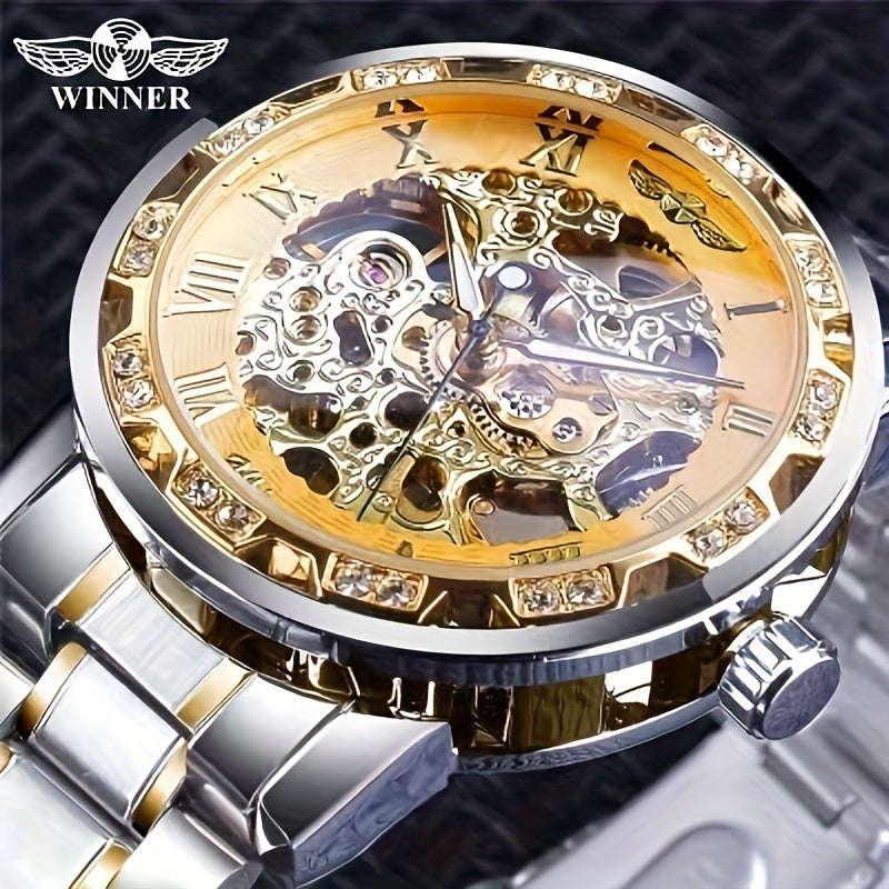 Men's Mechanical Watch with Skeleton Design, Rhinestone Accents & Stainless Steel Band.