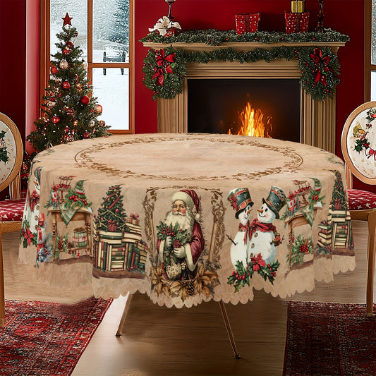 Vintage Christmas tablecloth featuring Santa, reindeer, and snowman design with embossed edges, perfect for holiday dining and decor. Available in 4 sizes, makes a great gift for friends. Wrinkle-free.