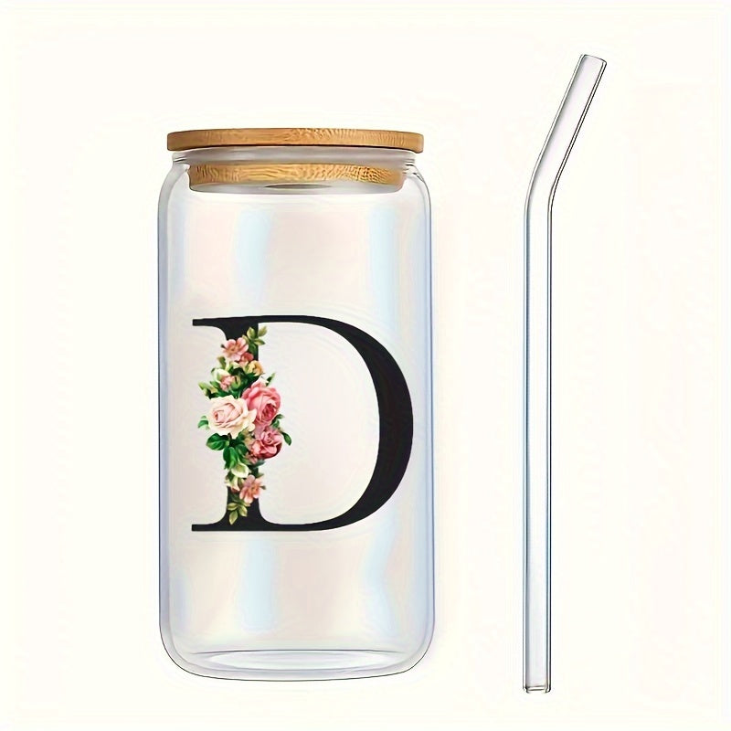 Alphabet flowers drinking glass with bamboo lid and straw, ideal birthday gift for women, friends, girls. 16 oz coffee glass, perfect for moms.