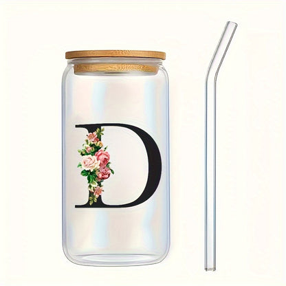 Alphabet flowers drinking glass with bamboo lid and straw, ideal birthday gift for women, friends, girls. 16 oz coffee glass, perfect for moms.