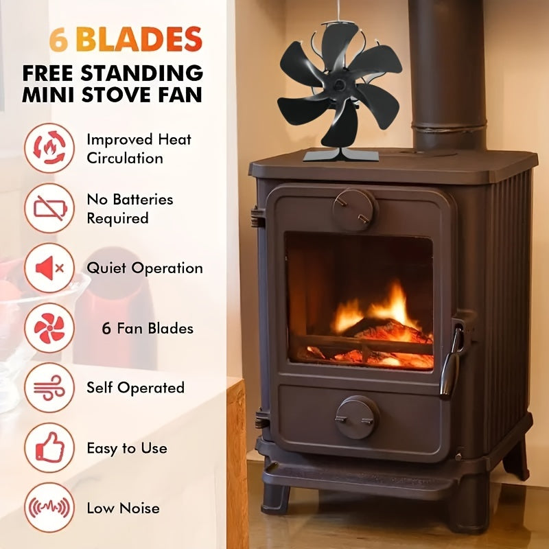 Aluminum Wood Stove Fan with 6 Blades, Large Fireplace Fan for Home Use - Silently Powered by Heat, Polished Finish