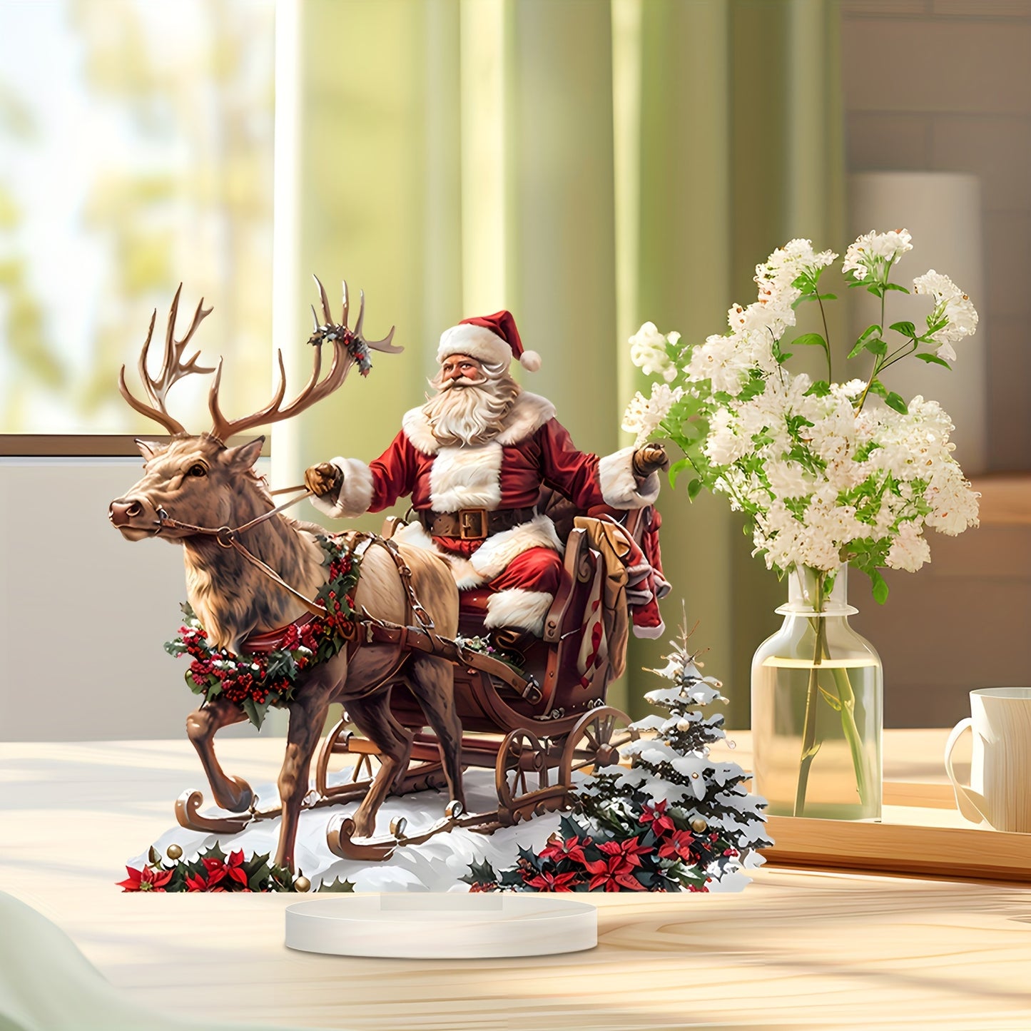 Flat acrylic Santa with reindeer sleigh sign for various spaces - English language - 1 pack