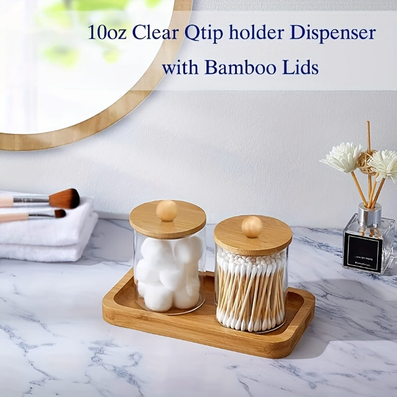 Qtip holder with bamboo lids for bathroom storage of swabs, balls, pads, and floss.