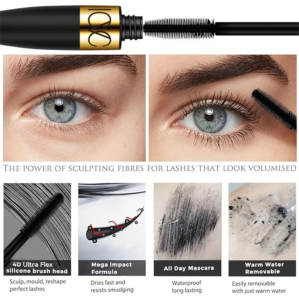 Waterproof mascara that volumizes, curls, and lengthens lashes in intense black for dramatic eyes, with a clump-free formula.