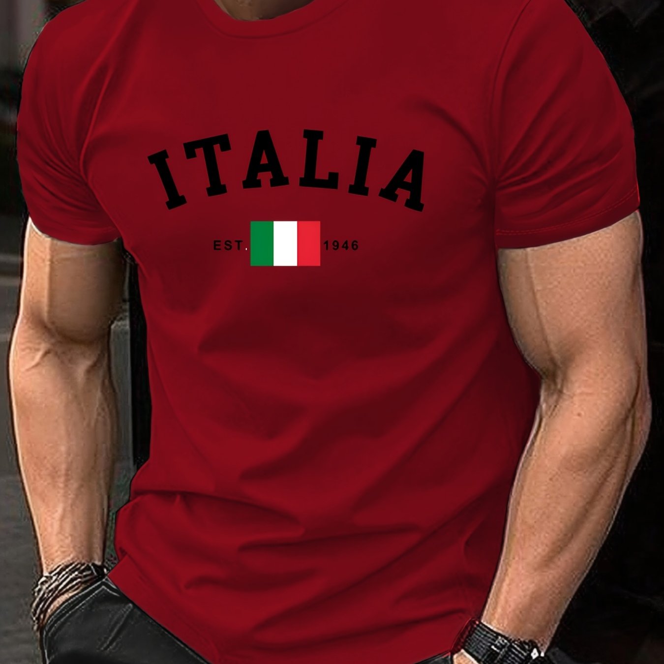 ITALIA Graphic Print Men's T-Shirt - Comfortable & Stretchy, Ideal for Summer Outdoor Activities | Street Style Crew Neck Tee in Black, Burgundy, Dark Green, Blue, Grey, Conventional