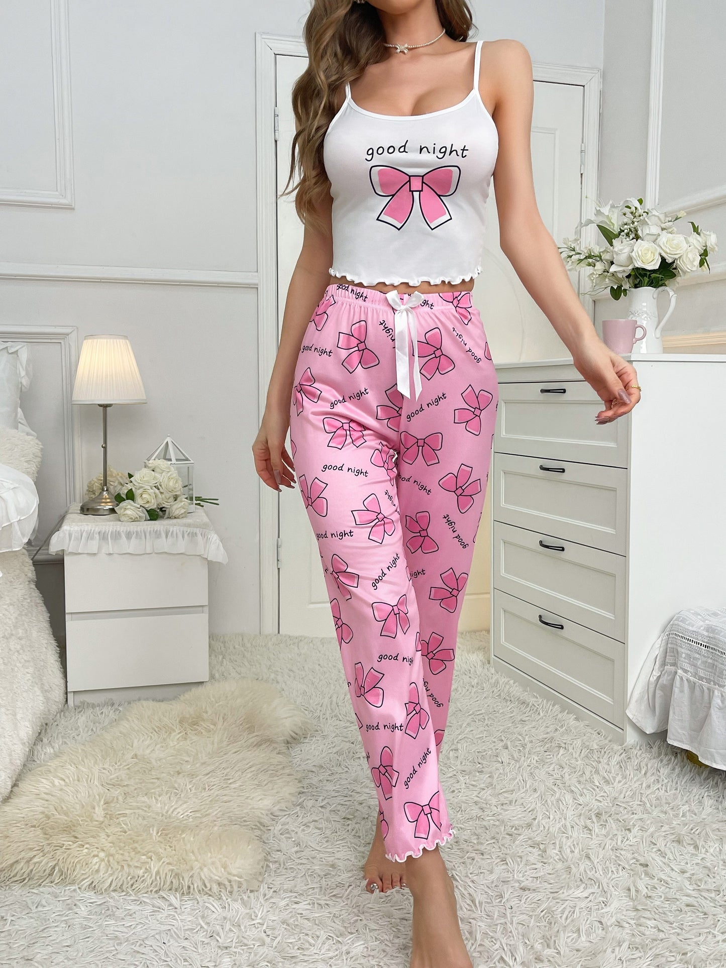 Bow Tie & Letter Print Pajama Set, Crop Cami Top & Pants, Women's Sleepwear & Loungewear