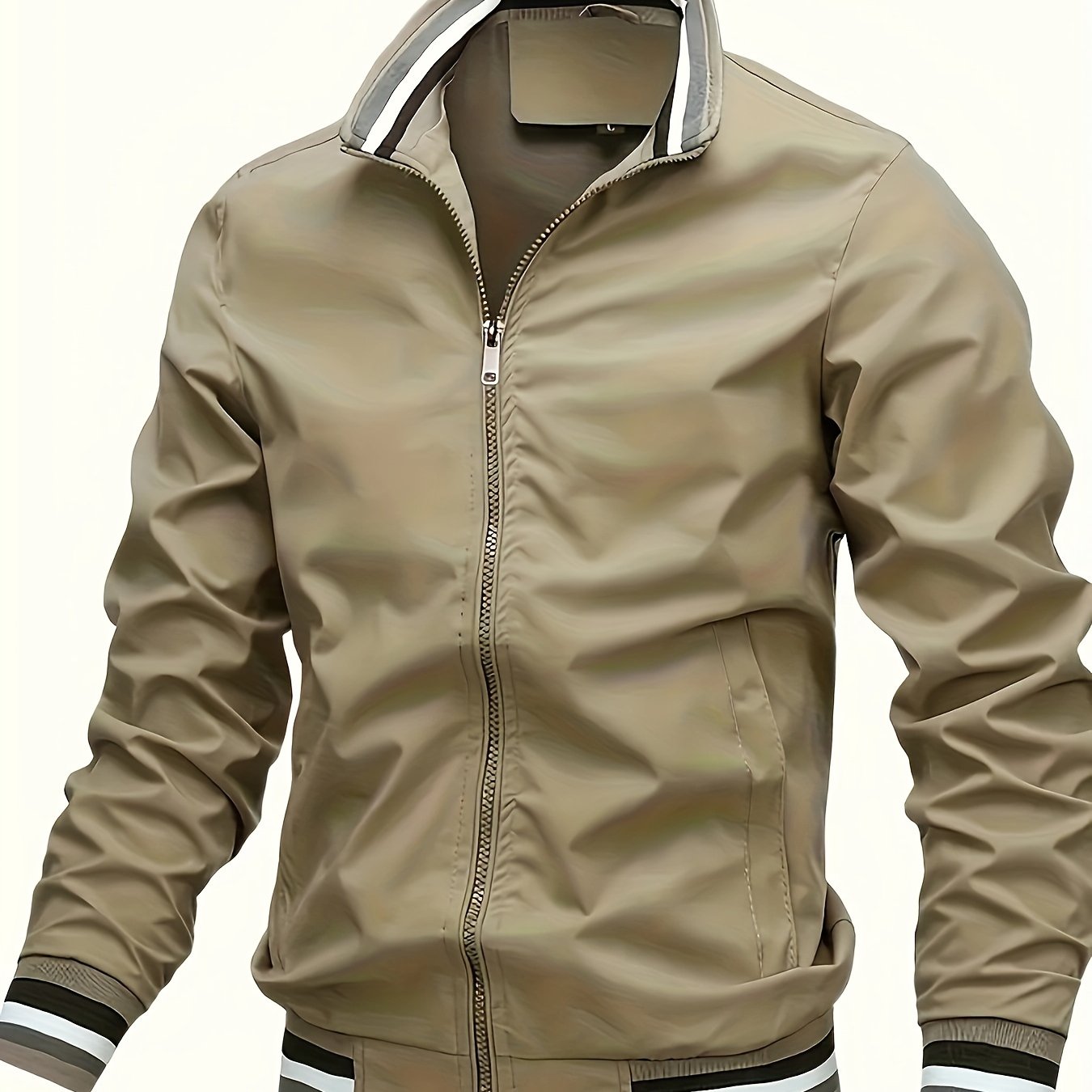 Men's Casual Long Sleeve Zipper Bomber Jacket with Pockets for outdoor activities and daily wear.