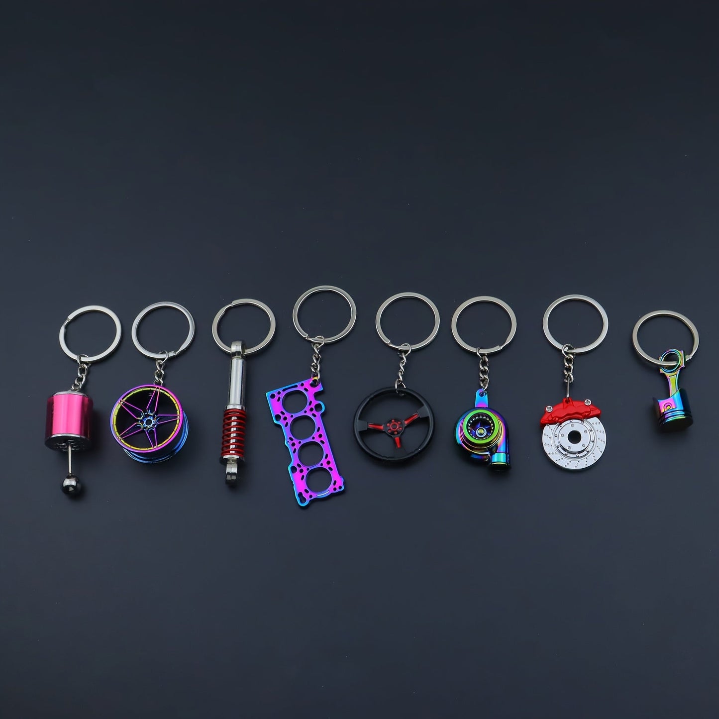 Car Enthusiast Keychain Set - 8 Pieces of Sleek Black Zinc Alloy Keychains, Showcasing Engine Components and More - Ideal Gift for Men