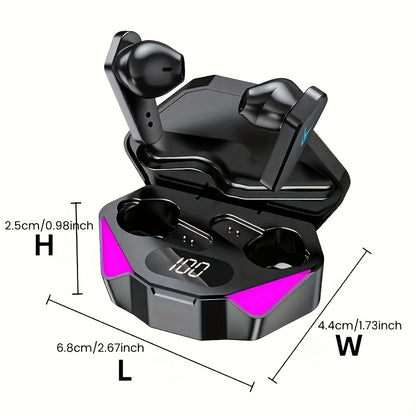 TWS gaming earbuds with LED lighting, low latency, noise cancellation, digital display, stereo sound. Ideal for gaming, calls, music. Comes with charging case, USB-C charging, portable