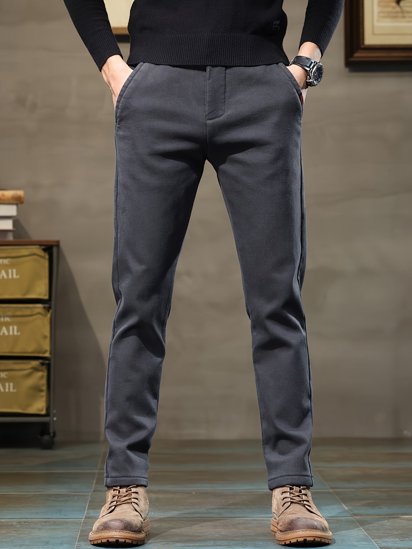 Men's slim fit casual pants made of trendy cotton blend with zipper design, suitable for all seasons.