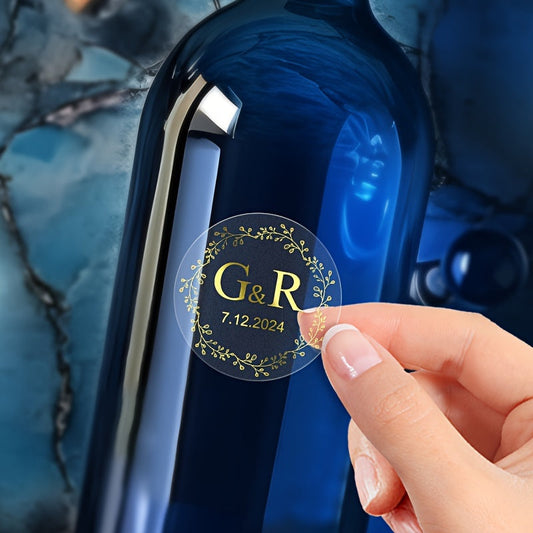 Golden Round Bottle Label with Customizable Design, Made from PET Material, No Power Needed, Featherless, Elegant Branding and Packaging Solution.