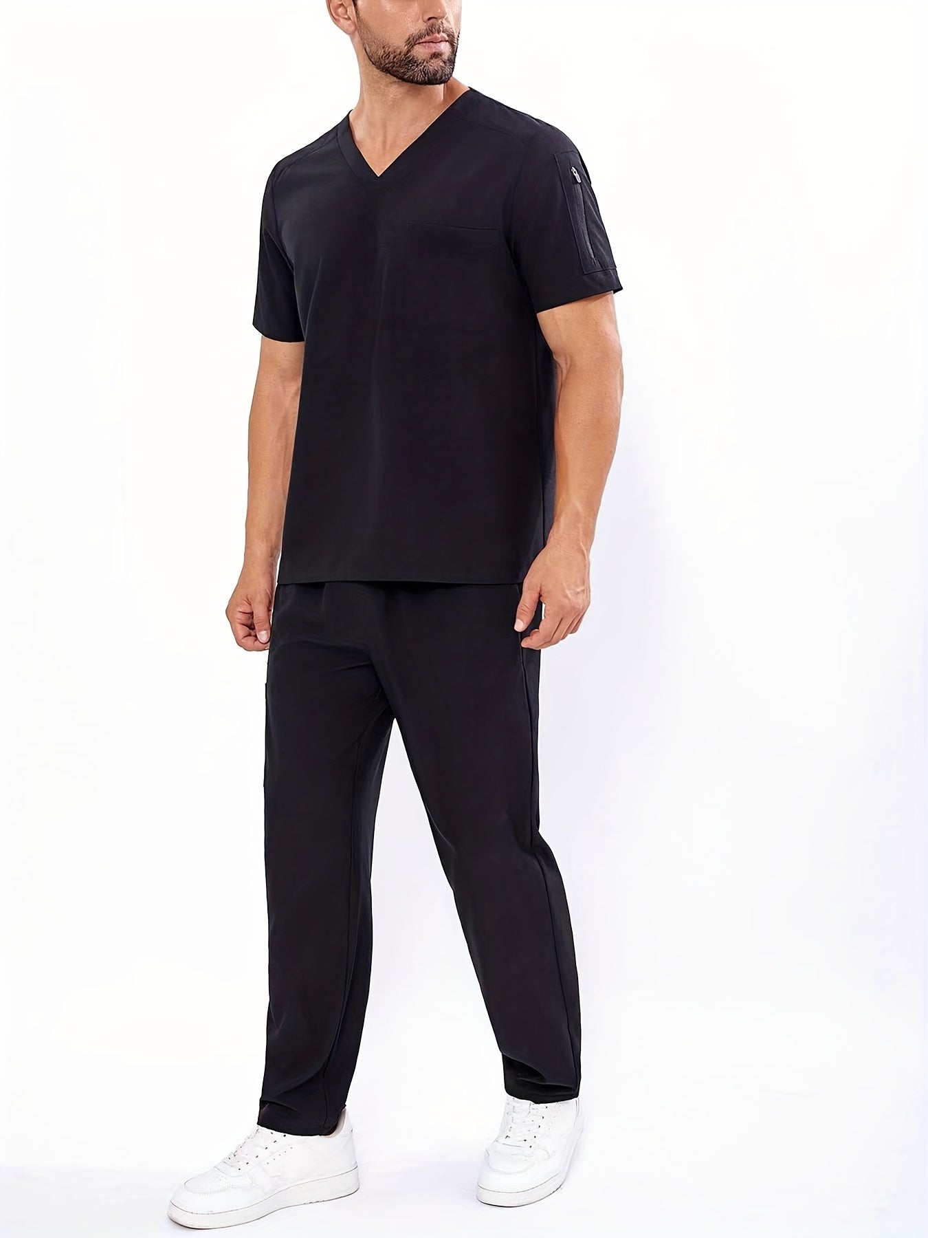 Men's summer V-neck work shirt and pants set in solid color, with short sleeves, multiple pockets, regular fit, made of 95% polyester and 5% elastane, with a woven fabric weight of 135