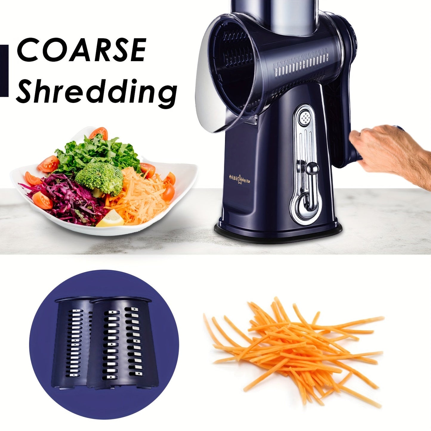 Stainless Steel Cheese Grater and Vegetable Slicer - 5 Functions in 1 Kitchen Tool, Features Powerful Suction Cup Base for Stability, Ideal for Home and Restaurant Cooking