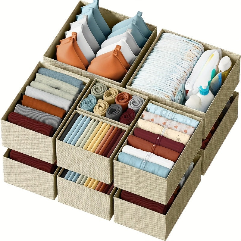 12 Clothes Drawer Organizer Bins for Nursery and Bedroom. Non-woven fabric containers for baby clothing storage, hand washable. Ideal for closet and dresser organization.