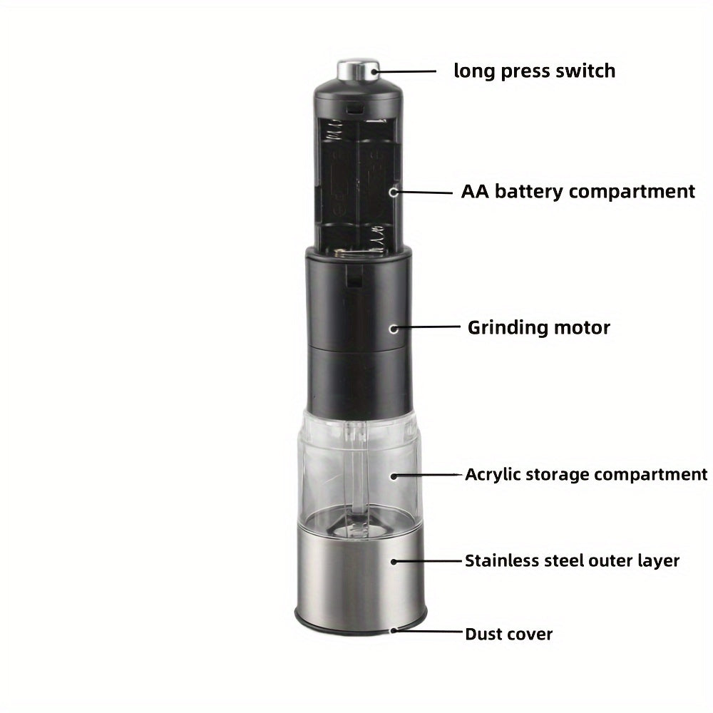 One-Handed Battery-Powered Electric Spice Grinder - Adjustable Stainless Steel Pepper & Salt Mill with LED Light, Perfect for Kitchen and Dining