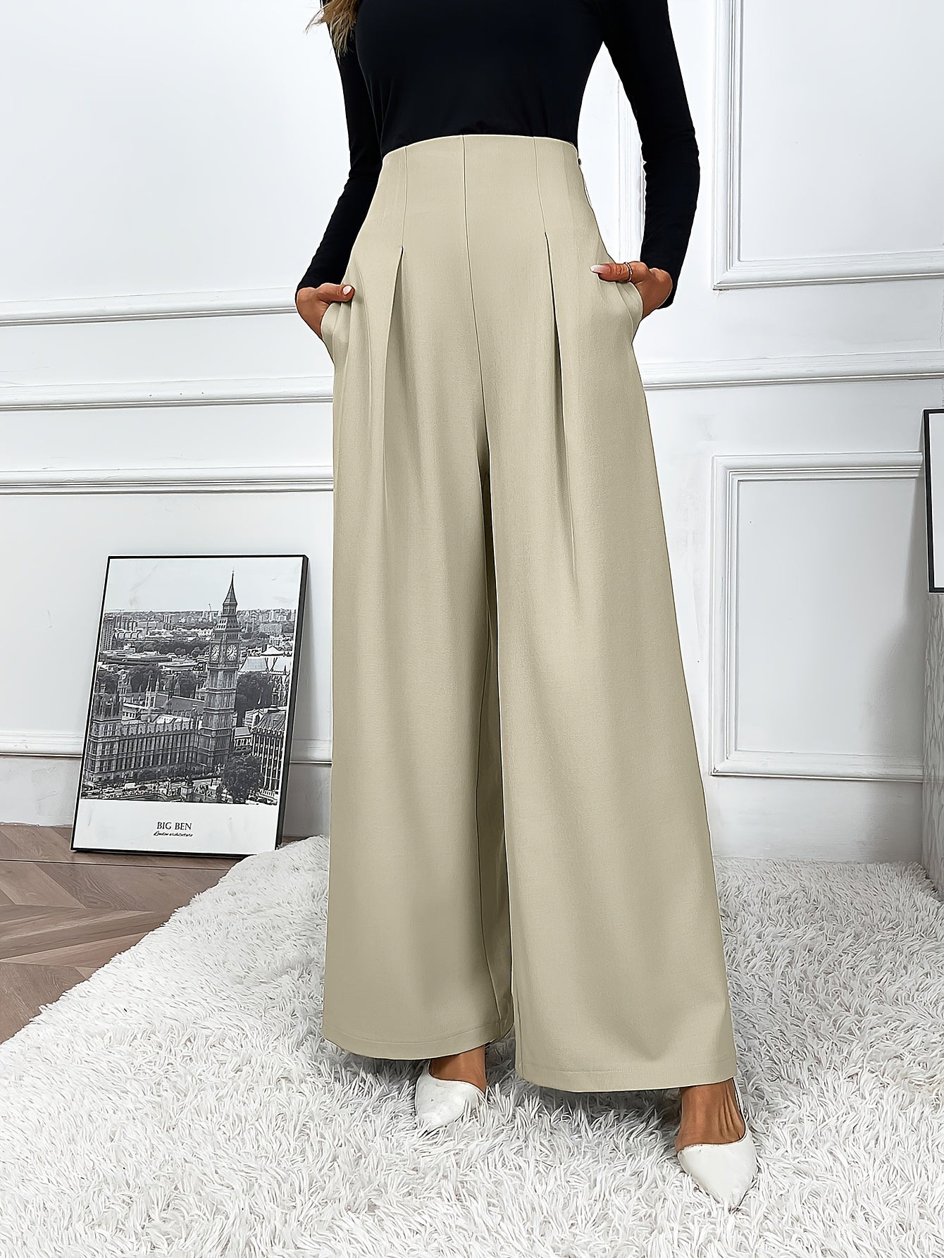 Women's wide leg pants in solid color, made from polyester elastane blend with pocket details for casual wear in spring and summer.