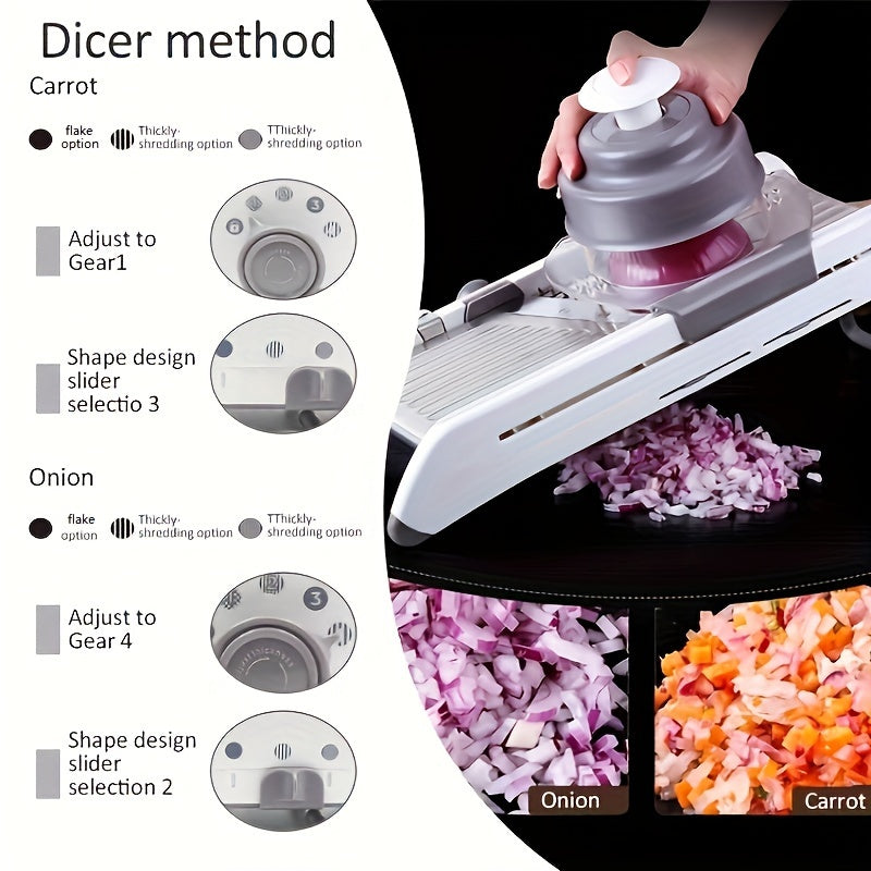 Professional grade stainless steel mandoline slicer capable of adjusting to 18 different sizes, perfect for slicing vegetables such as onions and potatoes. Safe and easy to use, this kitchen accessory is a must-have for any cook.