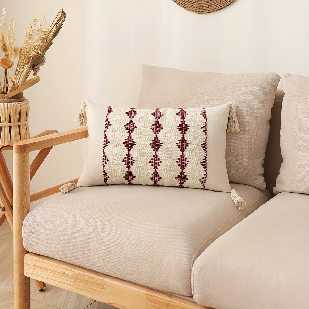 One piece Bohemian Chic Fringe Pillow Cover with Geometric Pattern in Orange, Beige & White. Made from Stain-Resistant Polyester with Zippered Square/Rectangular Cushion Case for Living Room Sofa Decor. Machine Washable, perfect for Throw Pillows on