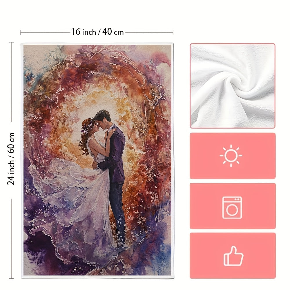 Two pieces of Romantic Sunrise Kitchen Towels made of ultra soft and highly absorbent polyester. Each towel measures 40.64x60.96 cm and features a vibrant design of a couple embracing. Perfect for holiday decor and daily use, these towels are machine