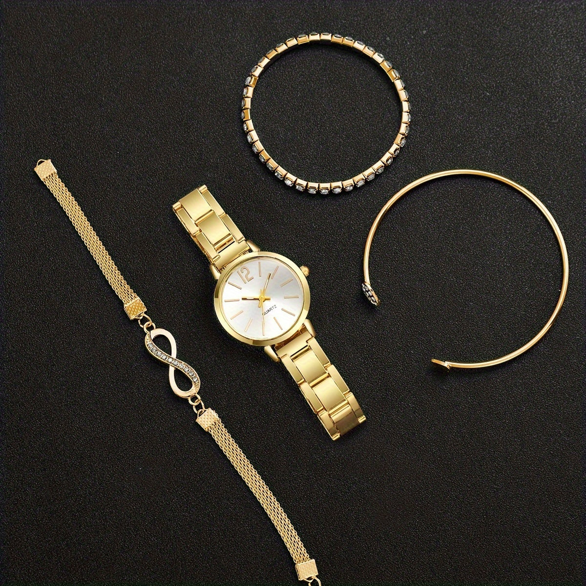 Elegant women's quartz watch and bracelet set with non-rechargeable battery, featuring a round alloy case and fashionable minimalist design. Stylish ladies' accessory (box not included).