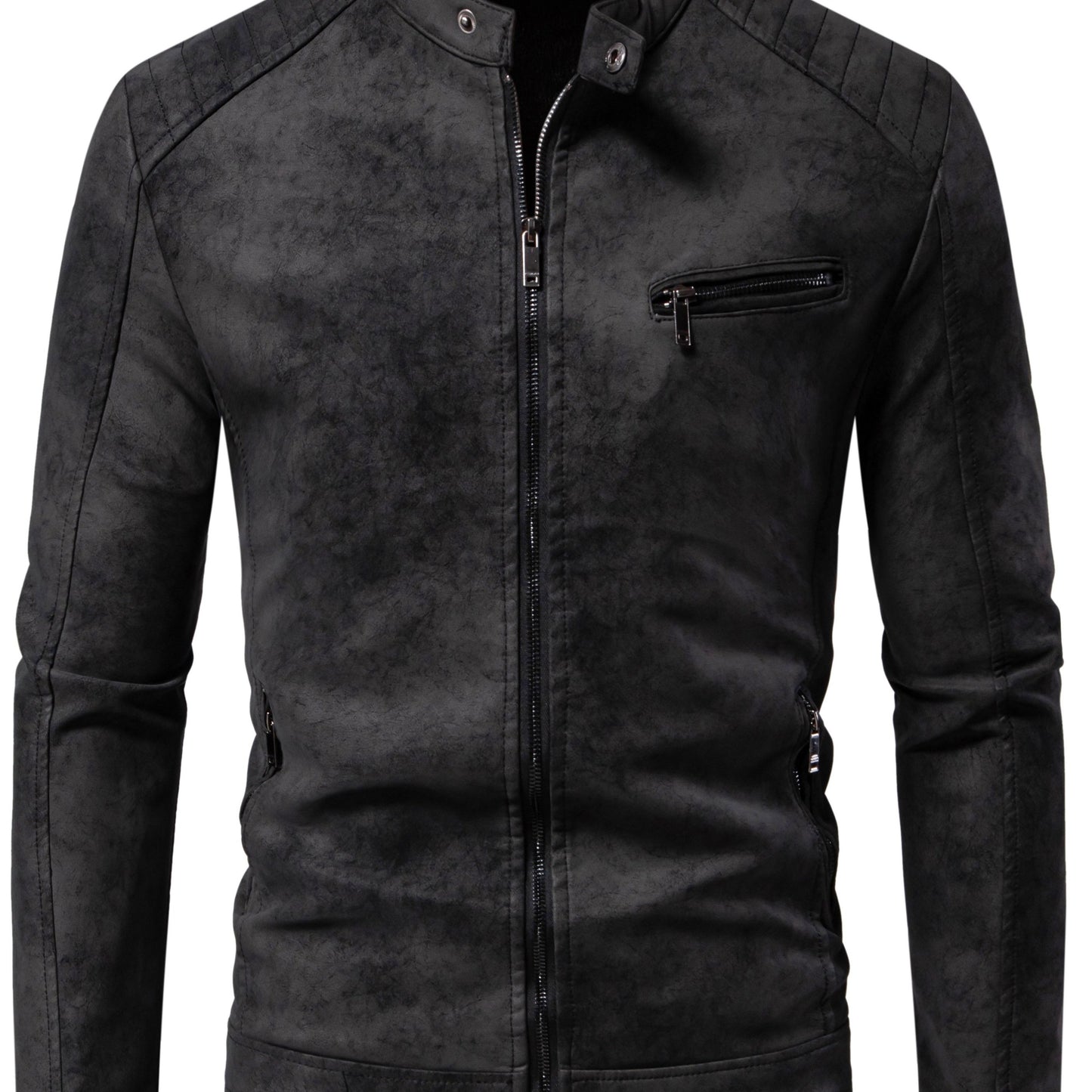 Men's vintage style faux leather jacket with stand collar, zip-up closure, and polyester lining.