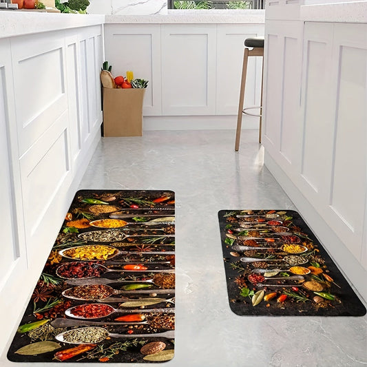 1 piece of Spices and Cutlery Patterned Mat for the Kitchen - Non-slip Kitchen Floor Rug, Home Decor and Room Decoration