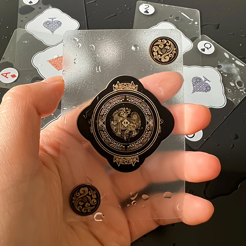 Waterproof transparent plastic playing cards with creative crystal design. Durable PVC material, suitable for ages 14+. Ideal for board games and classic card games.