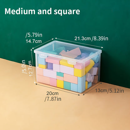 Durable plastic storage box with flip lid for building blocks, toys, and office supplies.