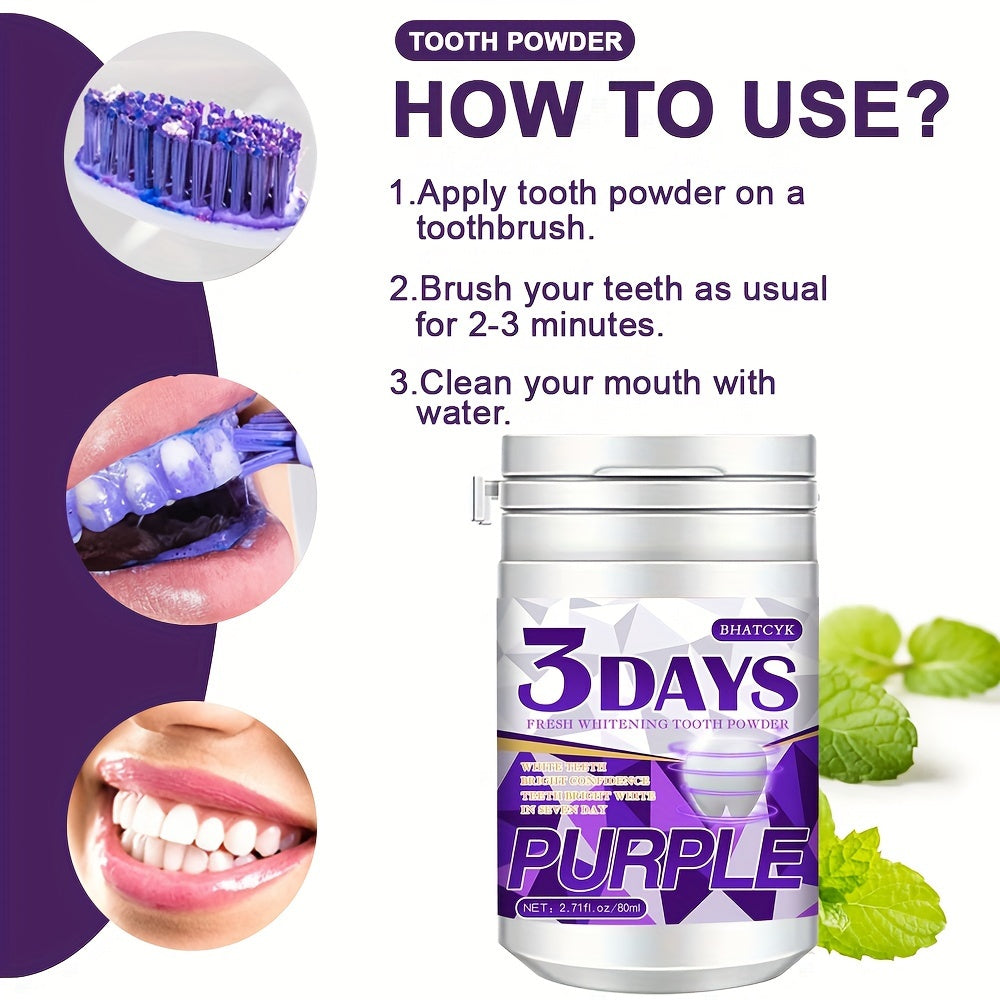 BHATCYK Teeth Whitening Powder is a purple tooth cleaning powder for daily use and travel. It is a deep cleaning toothpaste alternative that provides basic oral care benefits.