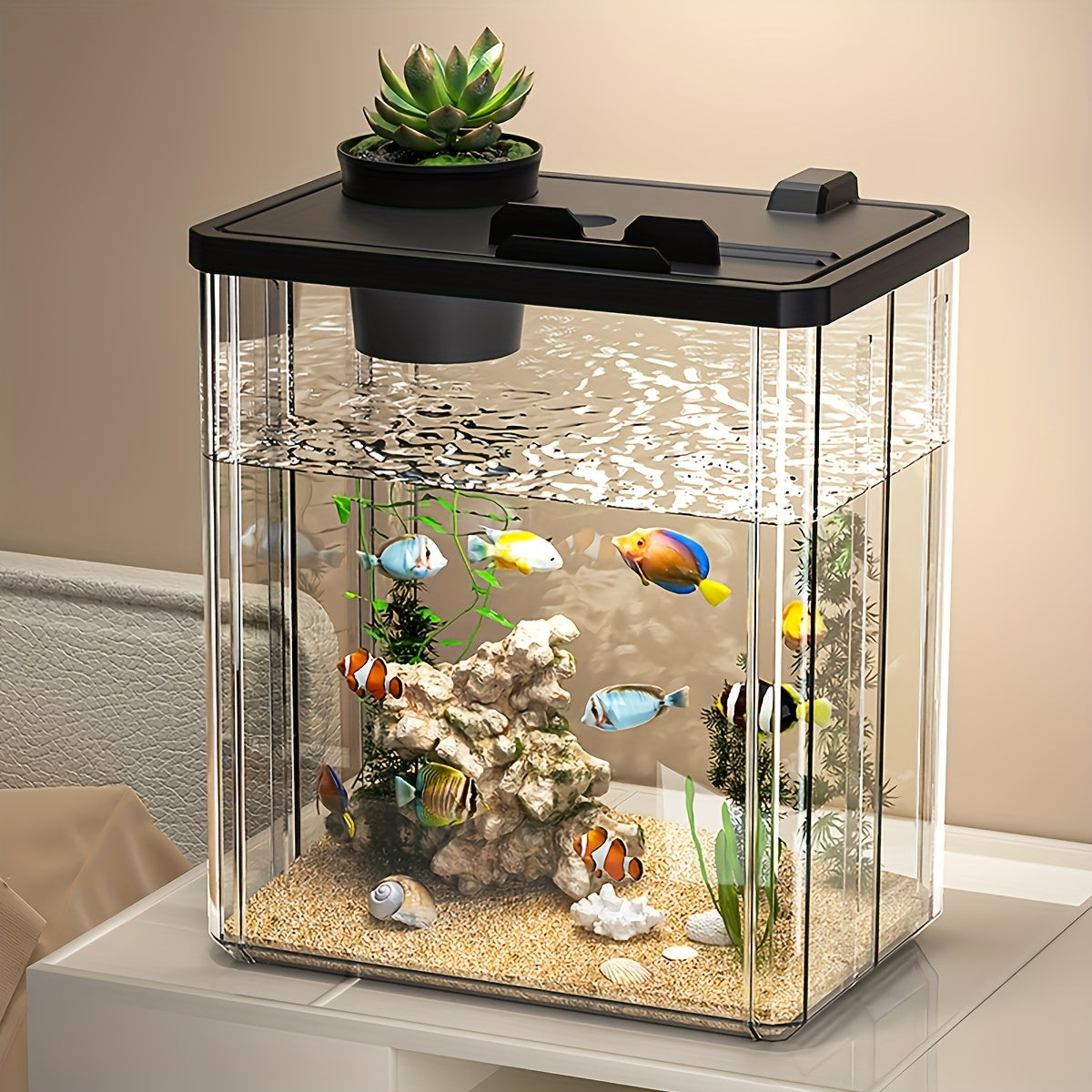 Beginner-friendly desktop aquarium suitable for goldfish and small pets, ideal for office decor, made of ultra-clear acrylic.