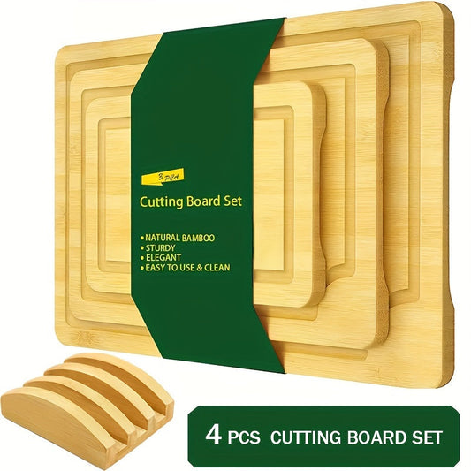 Set of four bamboo cutting boards with holder - Premium kitchen chopping boards for fruits, vegetables, and meats. Perfect addition to any kitchen.