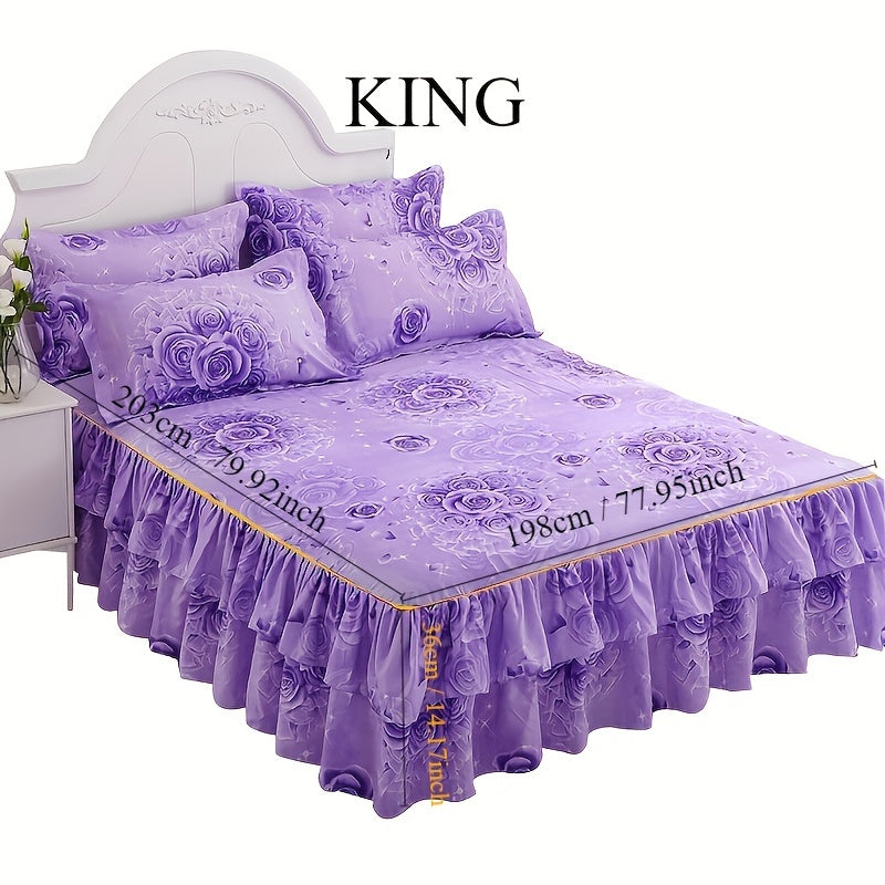 Set of 3 Tropical Floral Bed Skirt Pieces - Includes 1 Lace Non-Slip Bed Skirt and 2 Pillowcases, Polyester Bedding with Ruffled Edges for All Seasons, Machine Washable - Elegant Purple for Bedroom and Guest Room Decor, Bedding Set, Core Not Included