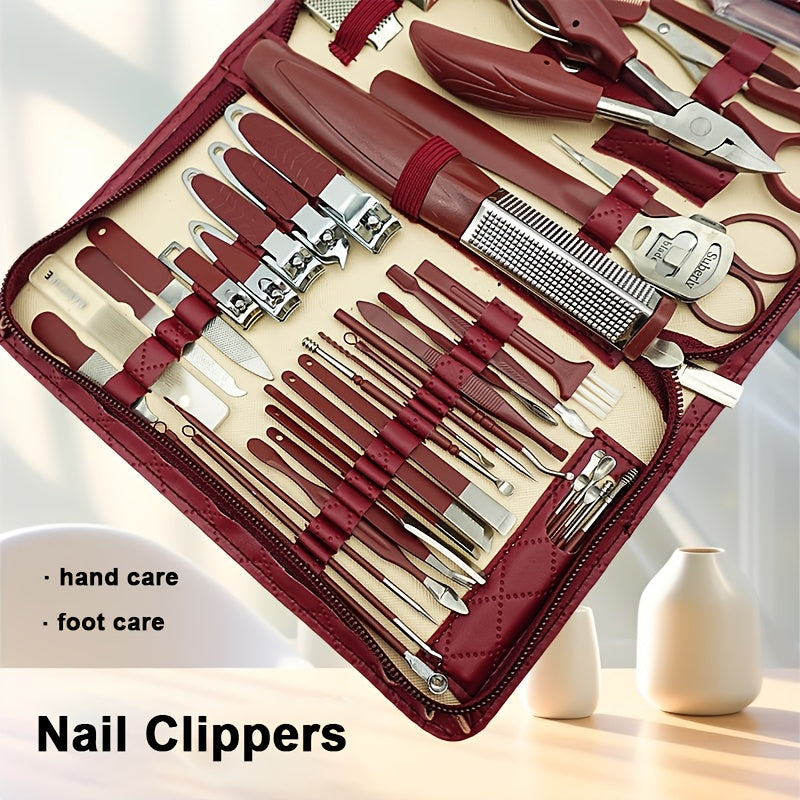 42-piece stainless steel nail clipper set with zipper case featuring diamond pattern design, including large eagle mouth pliers, pedicure knife, ear scoop, and eyebrow trimmer.