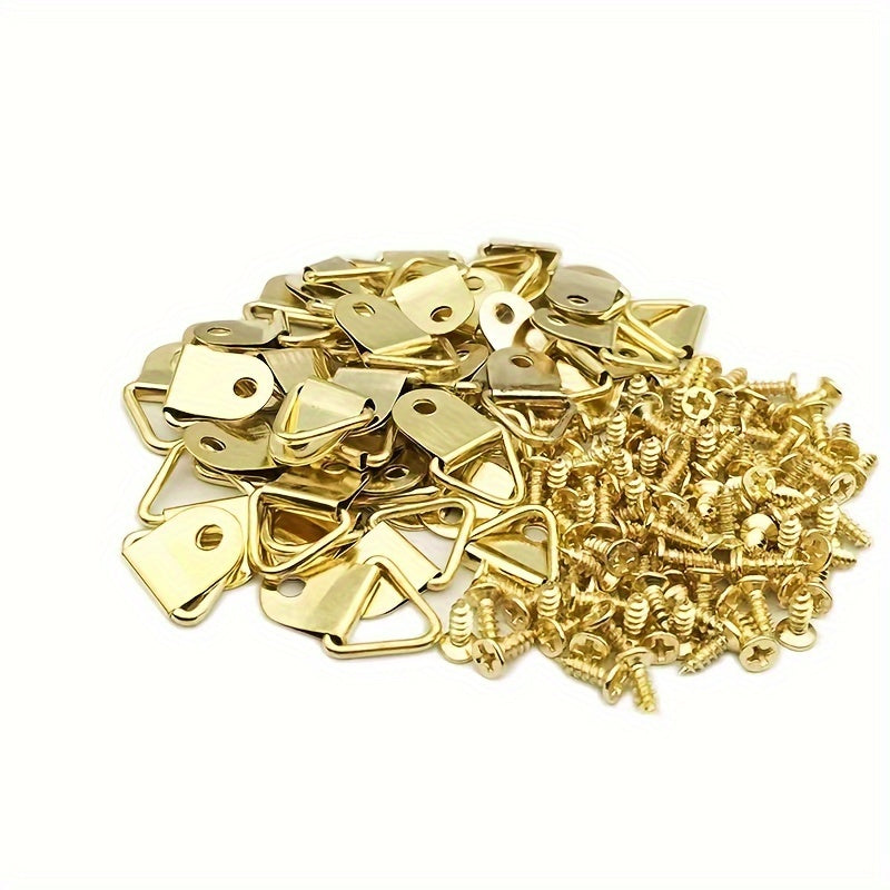 30/80pcs golden triangular frame hooks with screws for wall mounting, modern style, easy to install, for picture frames and art display hardware.