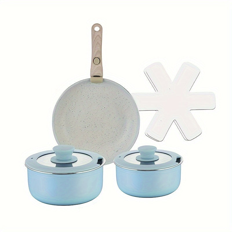 Cookware Set made from Aluminum, with Nonstick coating and Removable Handle. Set includes: 1.5Qt Saucepan with Lid, Large 18cm Milk Pot with Silicone Lid, and 24cm Skillet. Perfect for Outdoor Camping Kitchen. Comes with Non-Woven Pad and Silicone