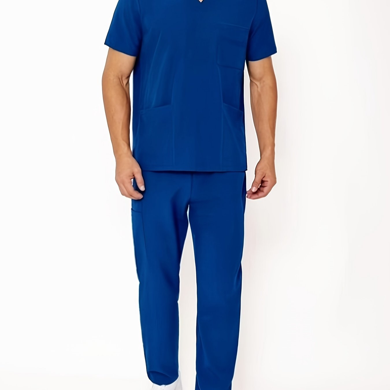 Men's Summer V-Neck Scrub Set with Pockets - Casual, Machine Washable Workwear for Medical Staff